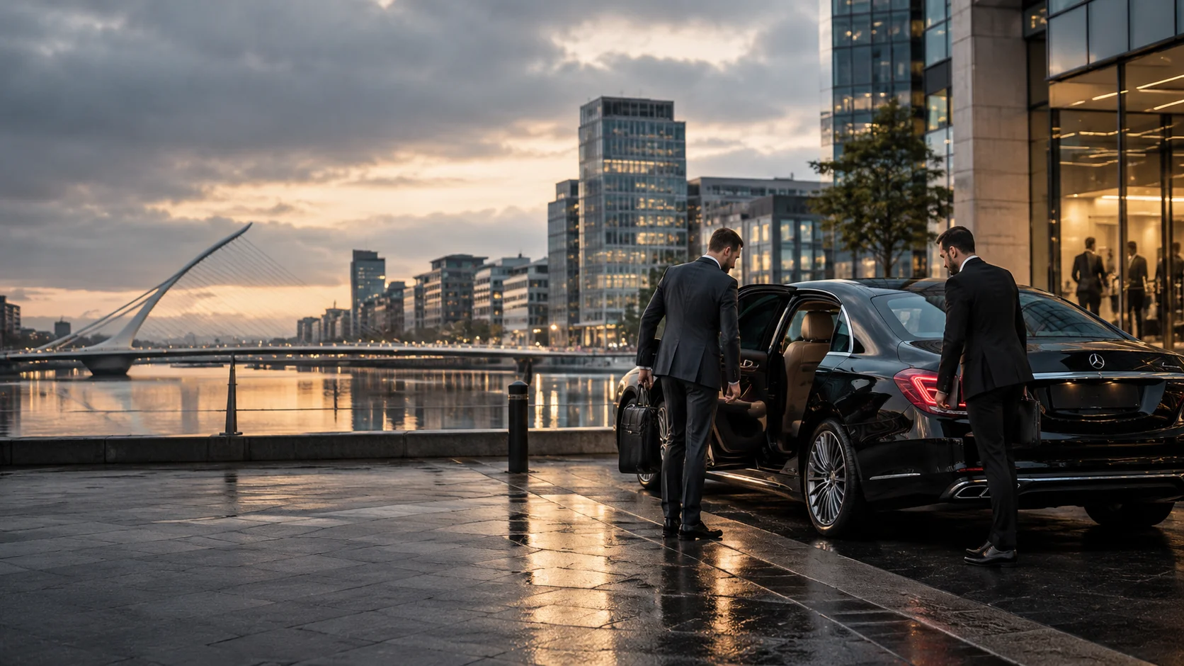 Executive stepping into a Mercedes-Benz for a corporate chauffeur journey