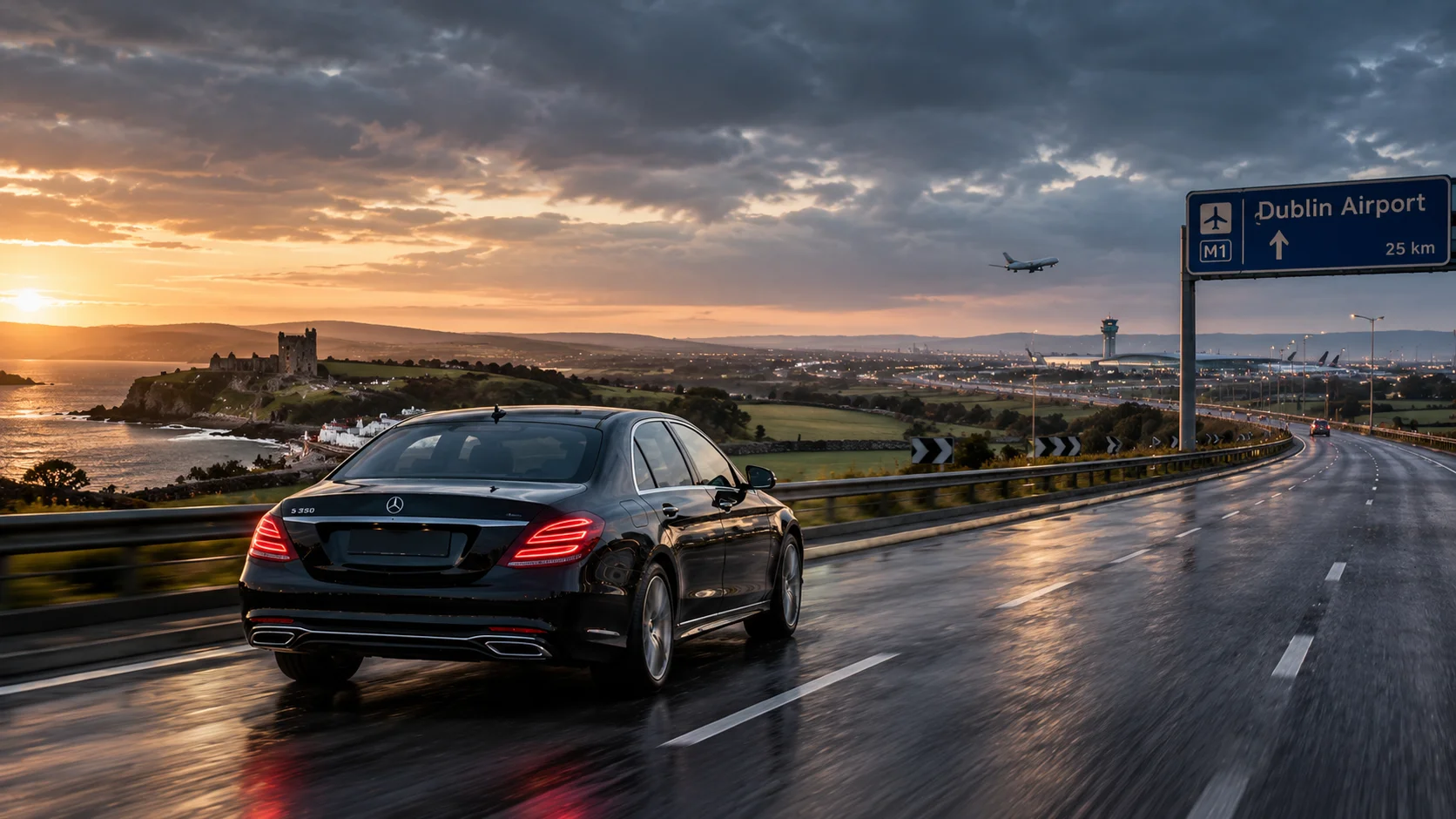 Mercedes-Benz chauffeur car on the road from Belfast to Dublin Airport